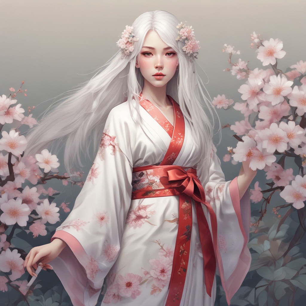 A beautiful girl in a kimono with long, white hair